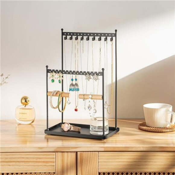 Black 3 Tier Jewelry Stand Necklace Earring Bracelet Ring Holder Organizer - Picture 2 of 8